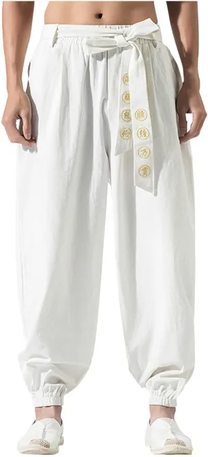 Mens Casual Cotton Linen Pants Lightweight Elastic Waist Drawstring Yoga Jogger Pants Hippie Beach Baggy Harem Pants