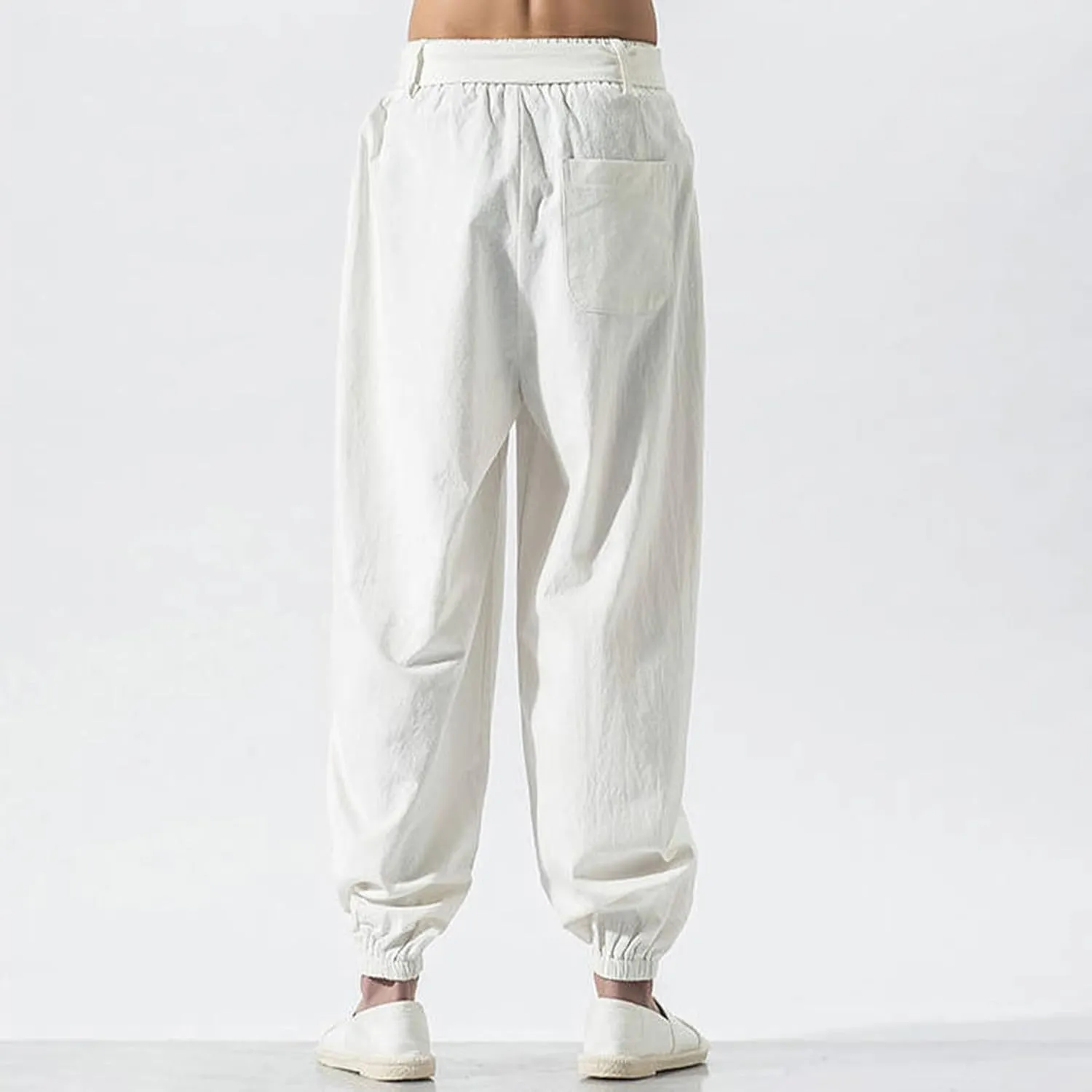 Mens Casual Cotton Linen Pants Lightweight Elastic Waist Drawstring Yoga Jogger Pants Hippie Beach Baggy Harem Pants