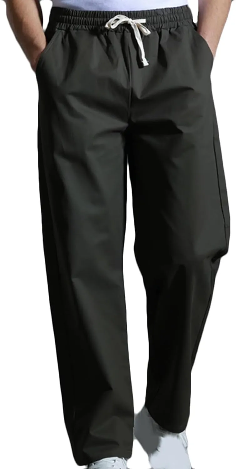 Mens Casual Cotton Pants Elastic Waist Drawstring Straight Leg Trousers Lightweight Breathable Pants with Pockets