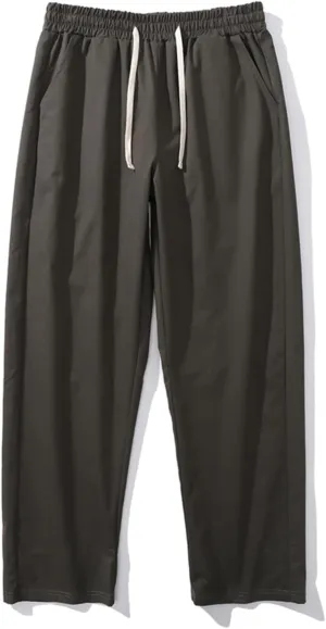 Mens Casual Cotton Pants Elastic Waist Drawstring Straight Leg Trousers Lightweight Breathable Pants with Pockets