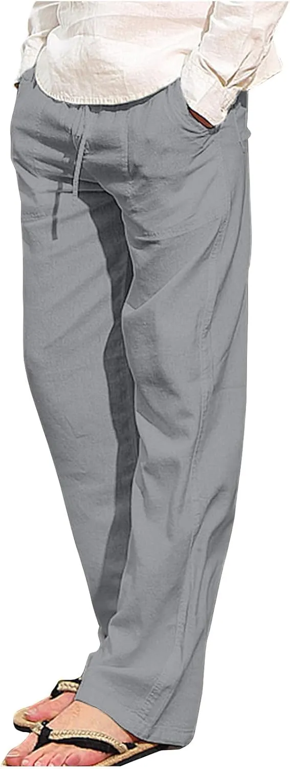 Mens Casual Linen Pants Drawstring Elastic Waist Summer Beach Pants Yoga Workout Trousers with Pockets