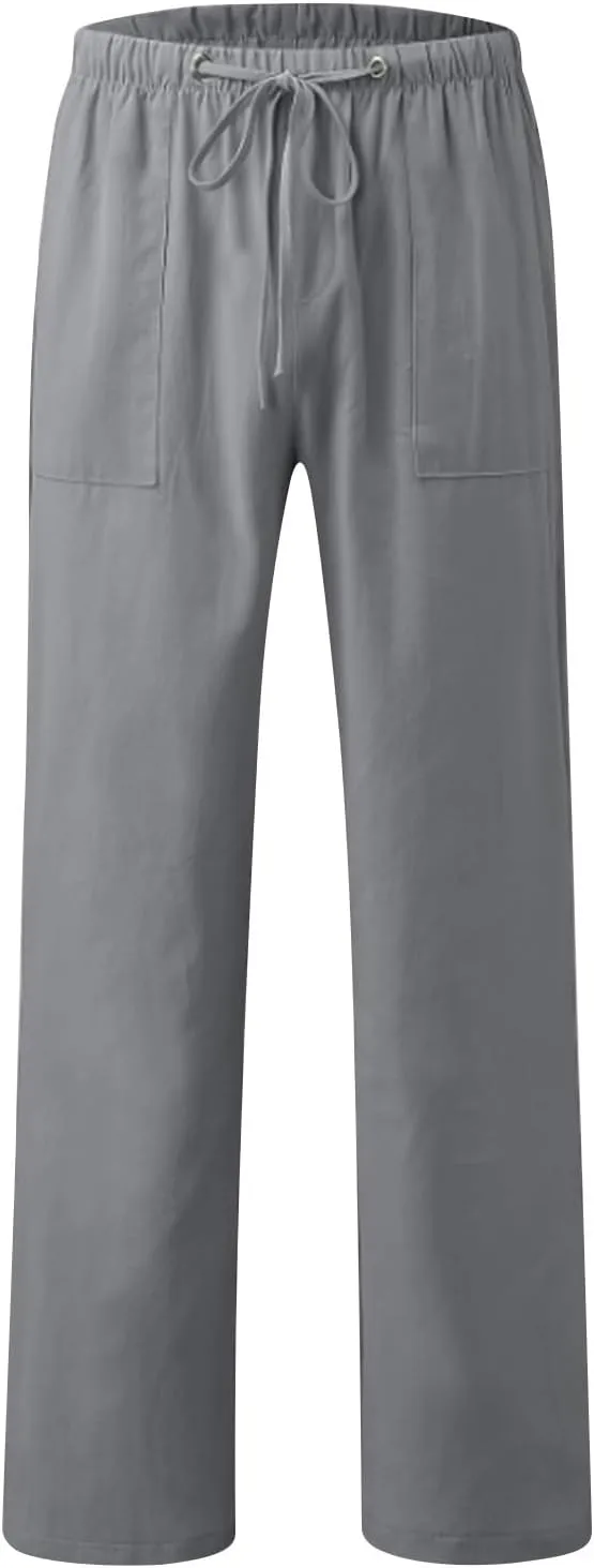 Mens Casual Linen Pants Drawstring Elastic Waist Summer Beach Pants Yoga Workout Trousers with Pockets