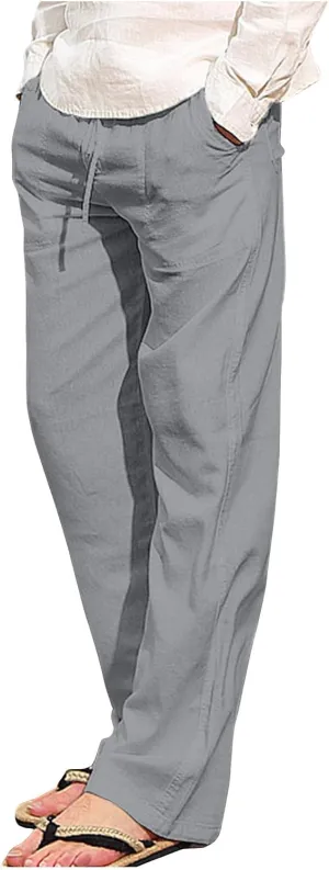 Mens Casual Linen Pants Drawstring Elastic Waist Summer Beach Pants Yoga Workout Trousers with Pockets