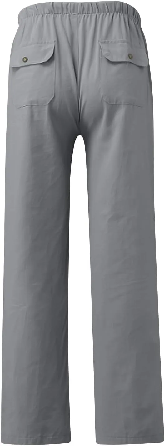 Mens Casual Linen Pants Drawstring Elastic Waist Summer Beach Pants Yoga Workout Trousers with Pockets