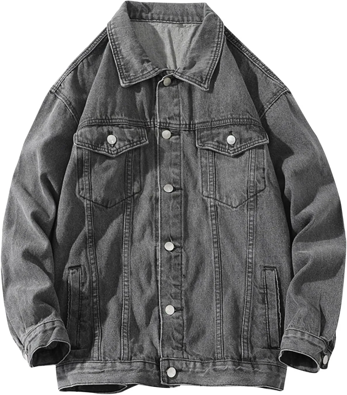 Mens Casual Stylish Denim Jackets Button Down Lapel Long Sleeve Jean Jacket Loose Antique Washed Trucker Coats