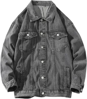 Mens Casual Stylish Denim Jackets Button Down Lapel Long Sleeve Jean Jacket Loose Antique Washed Trucker Coats