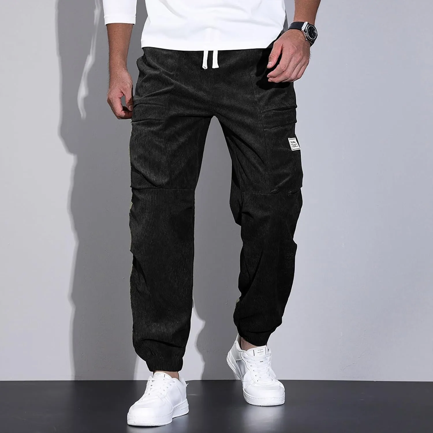 Mens Corduroy Joggers Pants Casual Cargo Pants Drawstring Elastic Waist Baggy Tapered Sweatpants with Pockets
