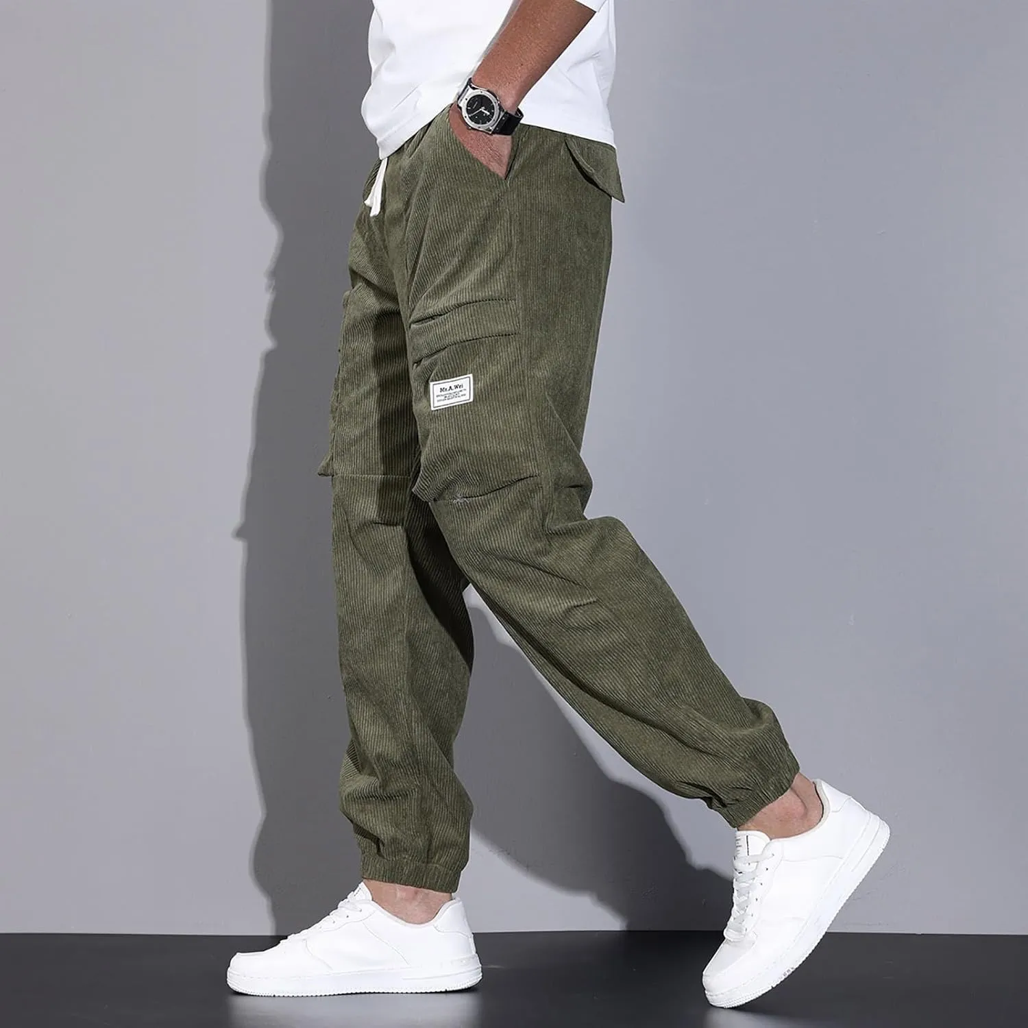 Mens Corduroy Joggers Pants Casual Cargo Pants Drawstring Elastic Waist Baggy Tapered Sweatpants with Pockets