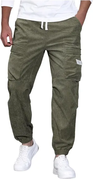 Mens Corduroy Joggers Pants Casual Cargo Pants Drawstring Elastic Waist Baggy Tapered Sweatpants with Pockets
