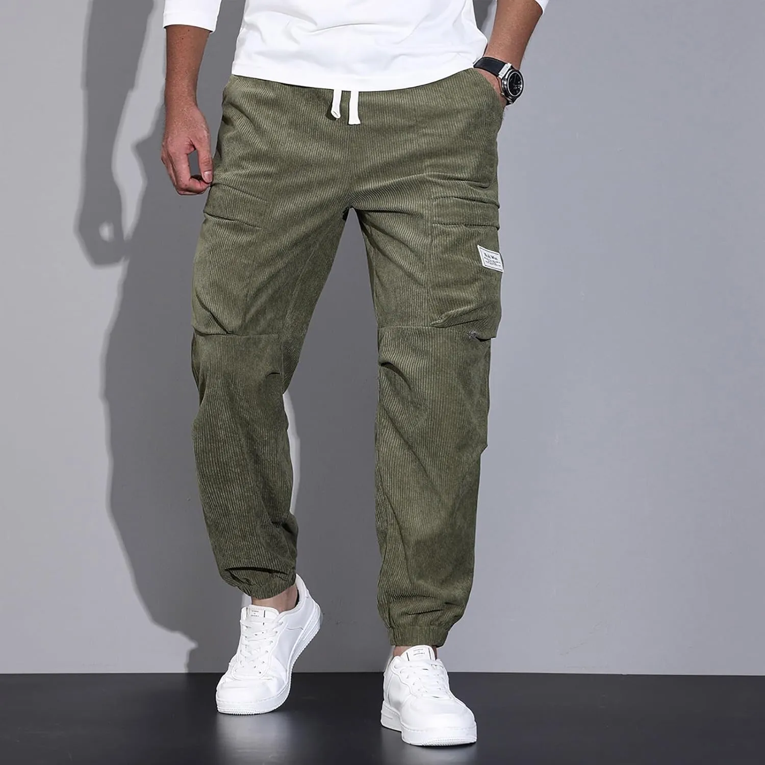 Mens Corduroy Joggers Pants Casual Cargo Pants Drawstring Elastic Waist Baggy Tapered Sweatpants with Pockets