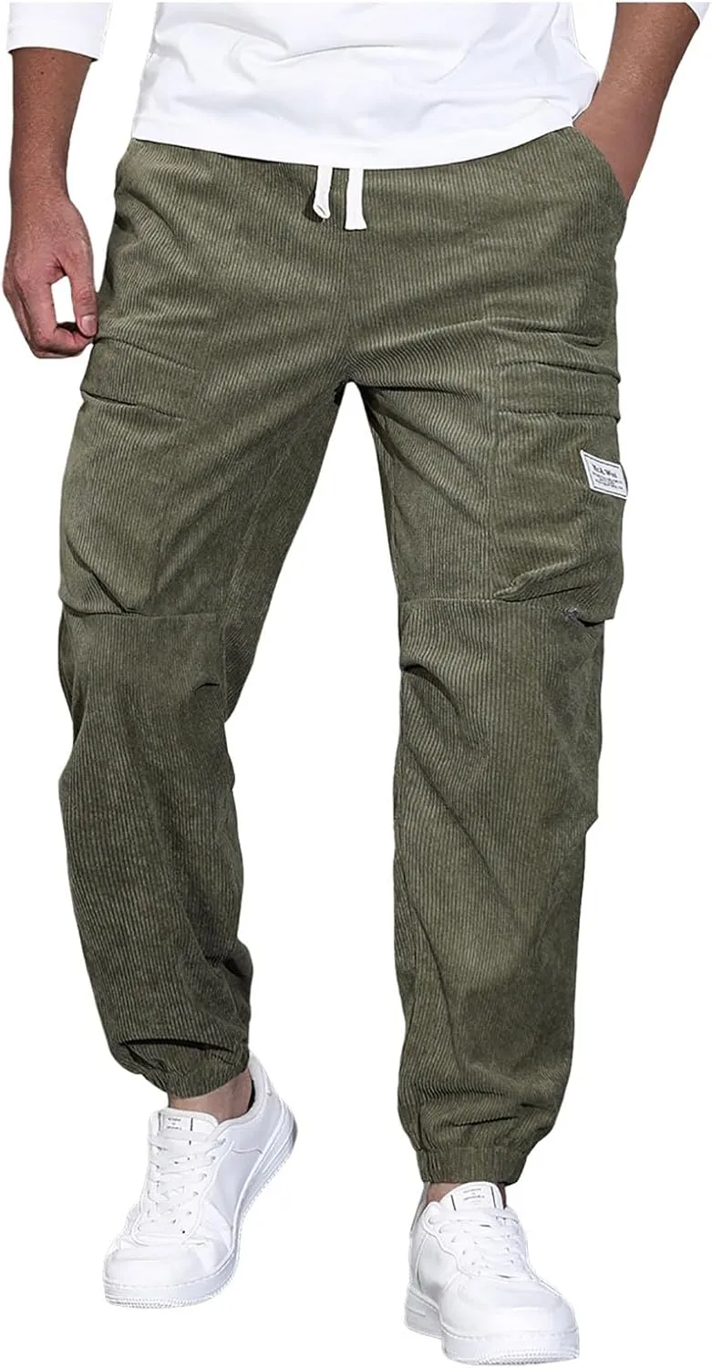 Mens Corduroy Joggers Pants Casual Cargo Pants Drawstring Elastic Waist Baggy Tapered Sweatpants with Pockets