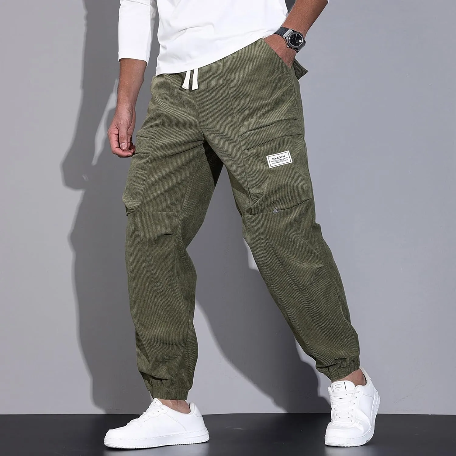 Mens Corduroy Joggers Pants Casual Cargo Pants Drawstring Elastic Waist Baggy Tapered Sweatpants with Pockets