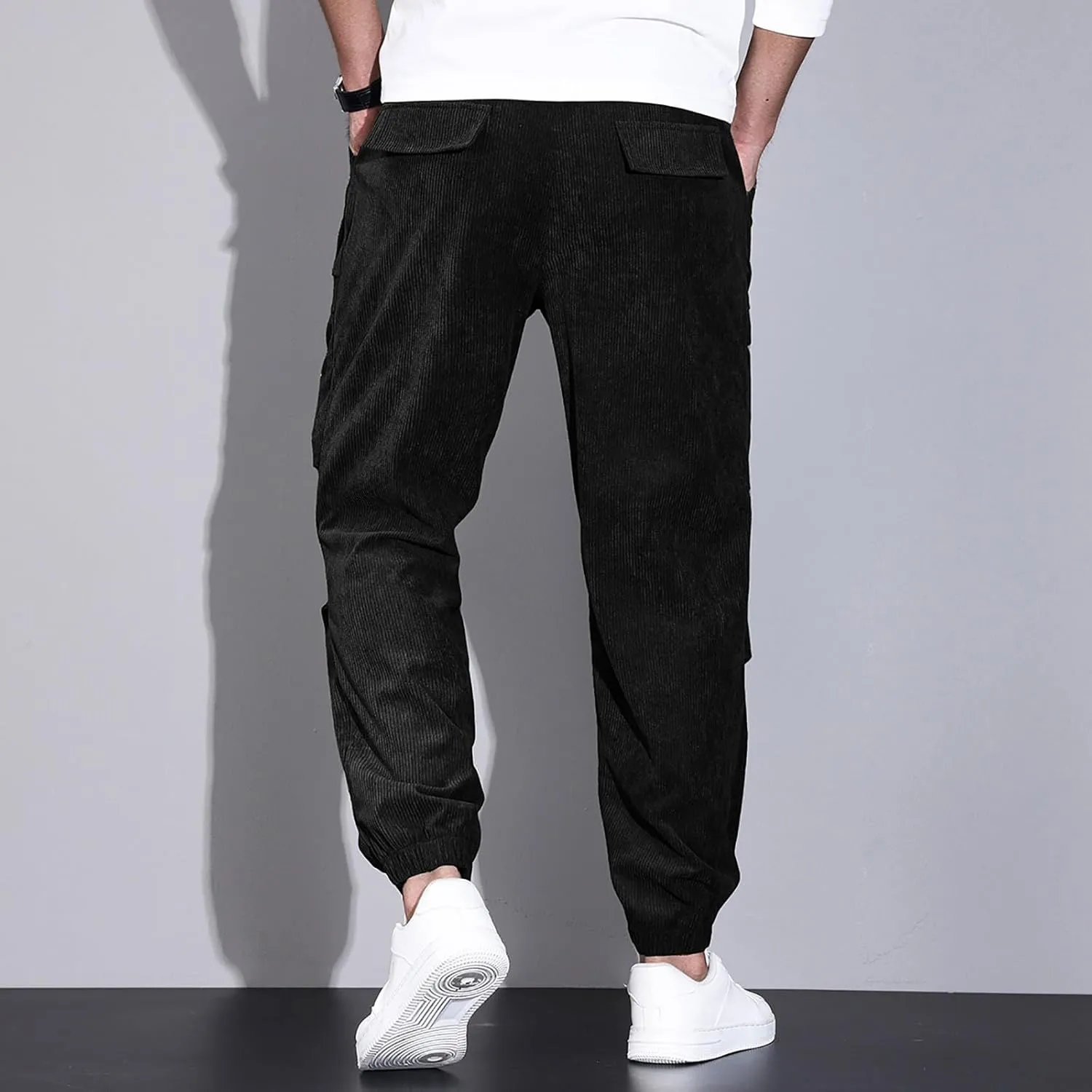 Mens Corduroy Joggers Pants Casual Cargo Pants Drawstring Elastic Waist Baggy Tapered Sweatpants with Pockets