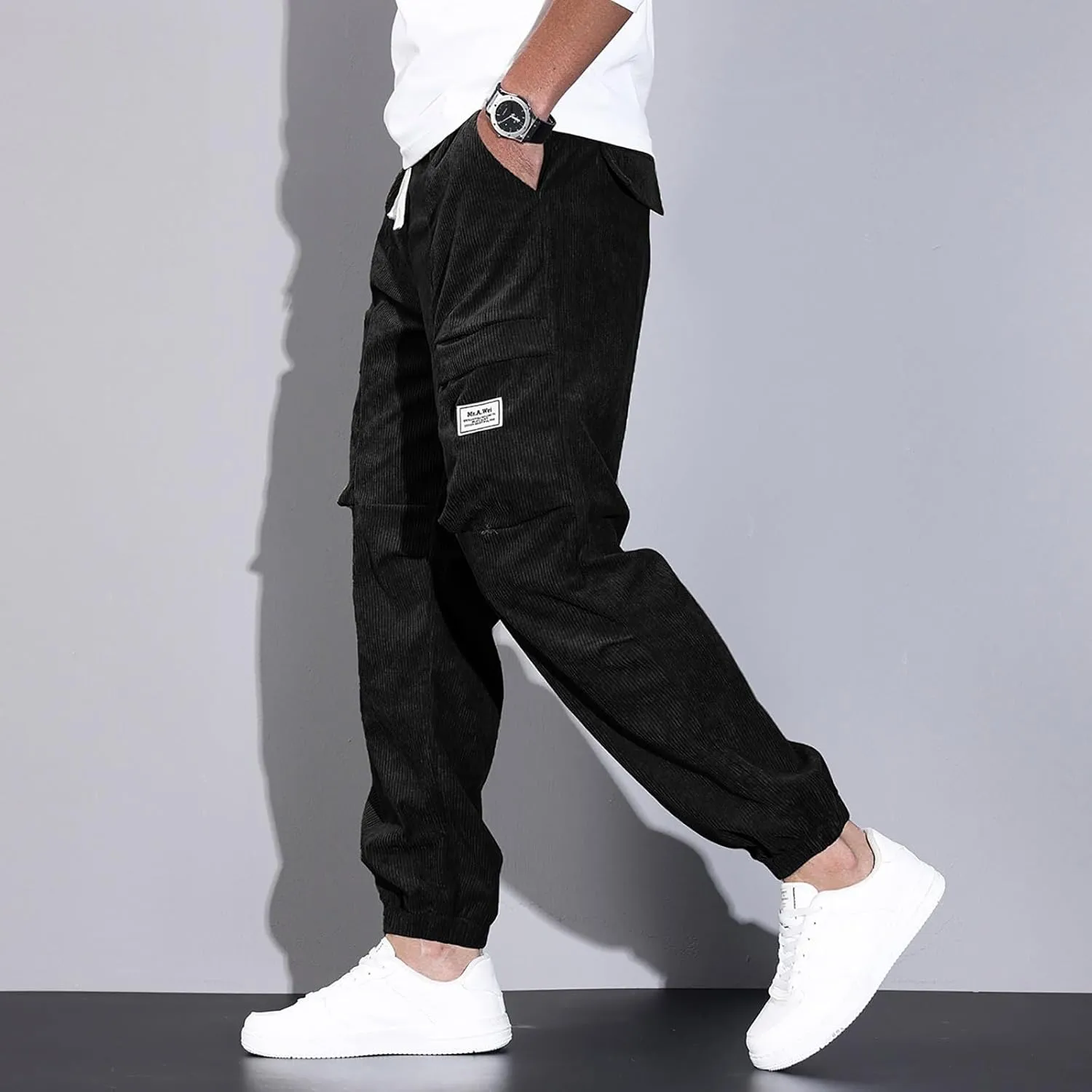 Mens Corduroy Joggers Pants Casual Cargo Pants Drawstring Elastic Waist Baggy Tapered Sweatpants with Pockets