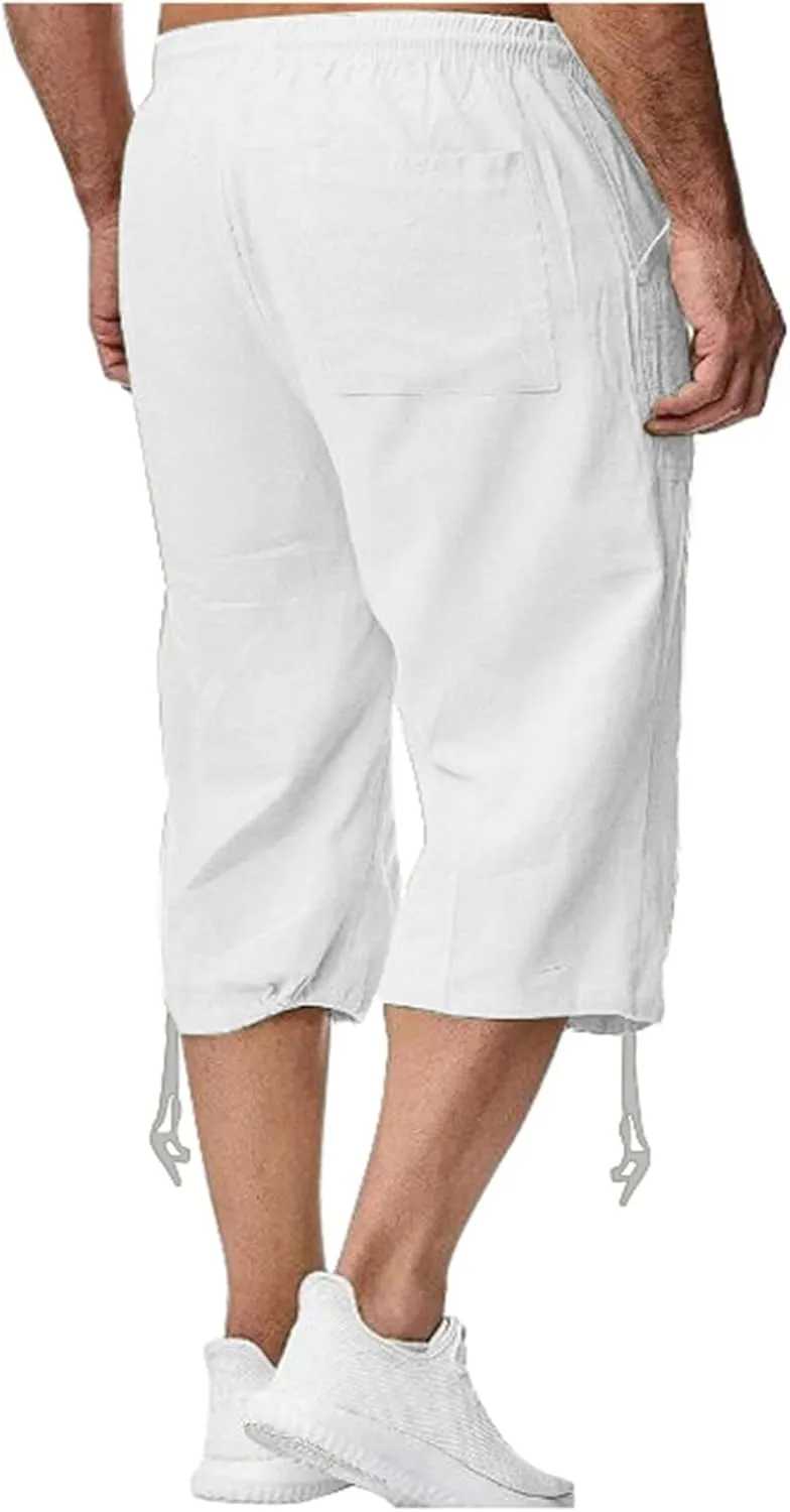 Mens Cotton and Linen Capri Pants Expandable Waist Drawstring Fashion Solid Cropped Pant Summer Loose Workout Jogger Trousers