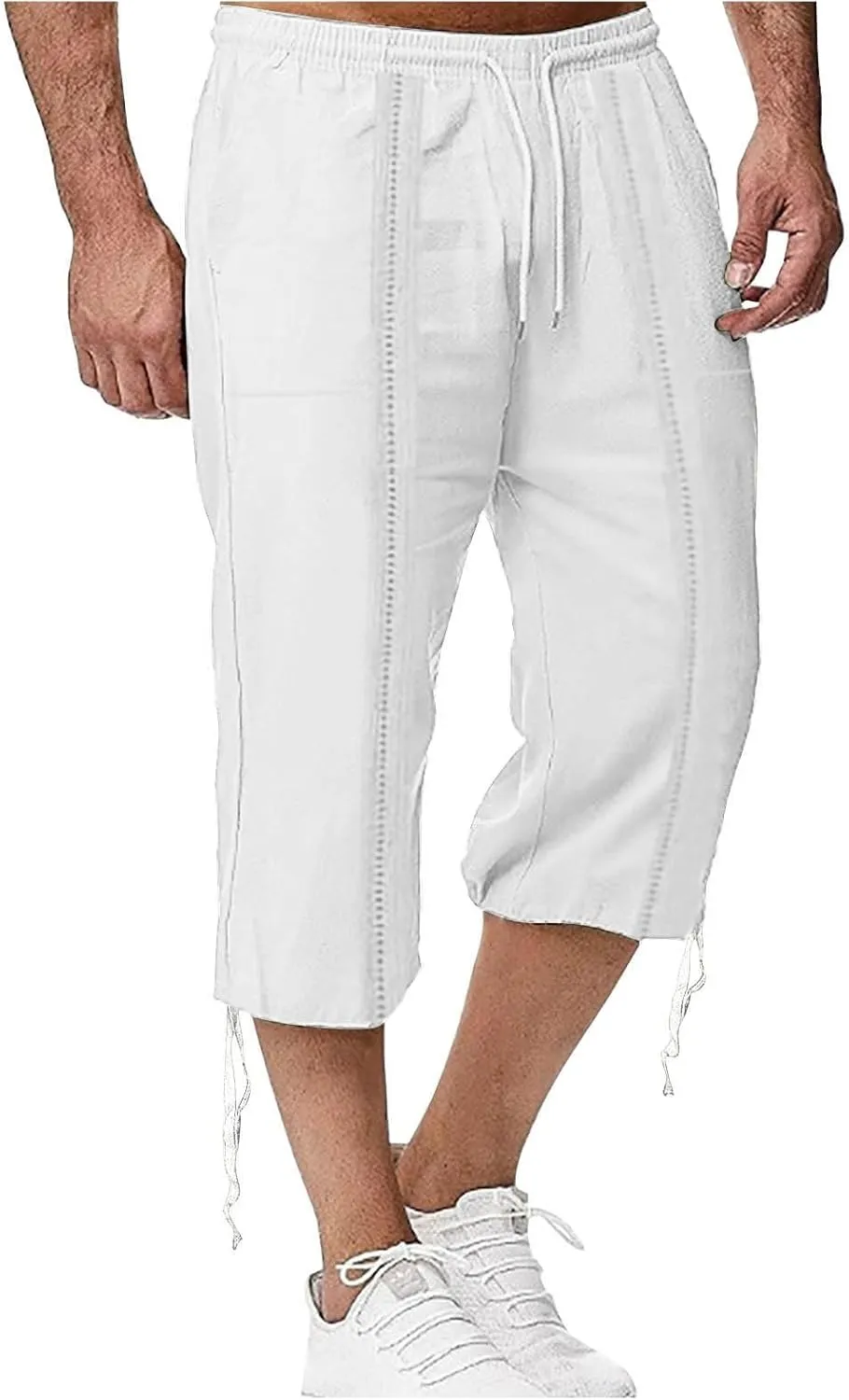 Mens Cotton and Linen Capri Pants Expandable Waist Drawstring Fashion Solid Cropped Pant Summer Loose Workout Jogger Trousers