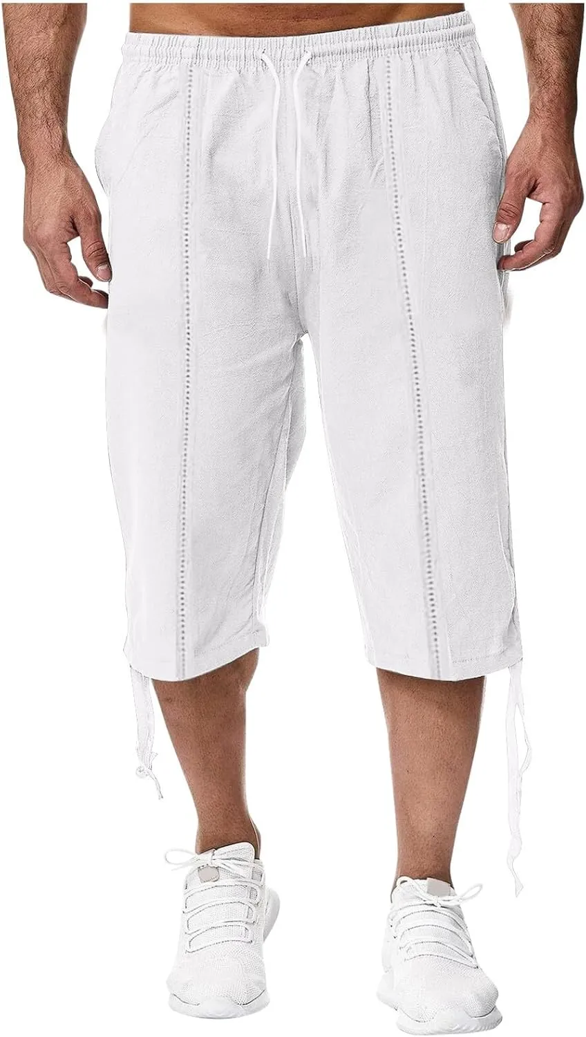 Mens Cotton and Linen Capri Pants Expandable Waist Drawstring Fashion Solid Cropped Pant Summer Loose Workout Jogger Trousers