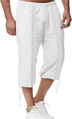 Mens Cotton and Linen Capri Pants Expandable Waist Drawstring Fashion Solid Cropped Pant Summer Loose Workout Jogger Trousers