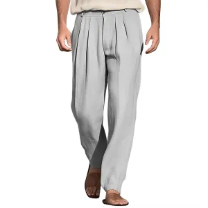 Mens Cotton Linen Dress Pants Zipper Loose Fit Straight Wide Leg Trouser Summer Lightweight Breathable Beach Pants
