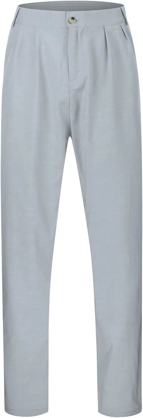 Mens Cotton Linen Dress Pants Zipper Loose Fit Straight Wide Leg Trouser Summer Lightweight Breathable Beach Pants
