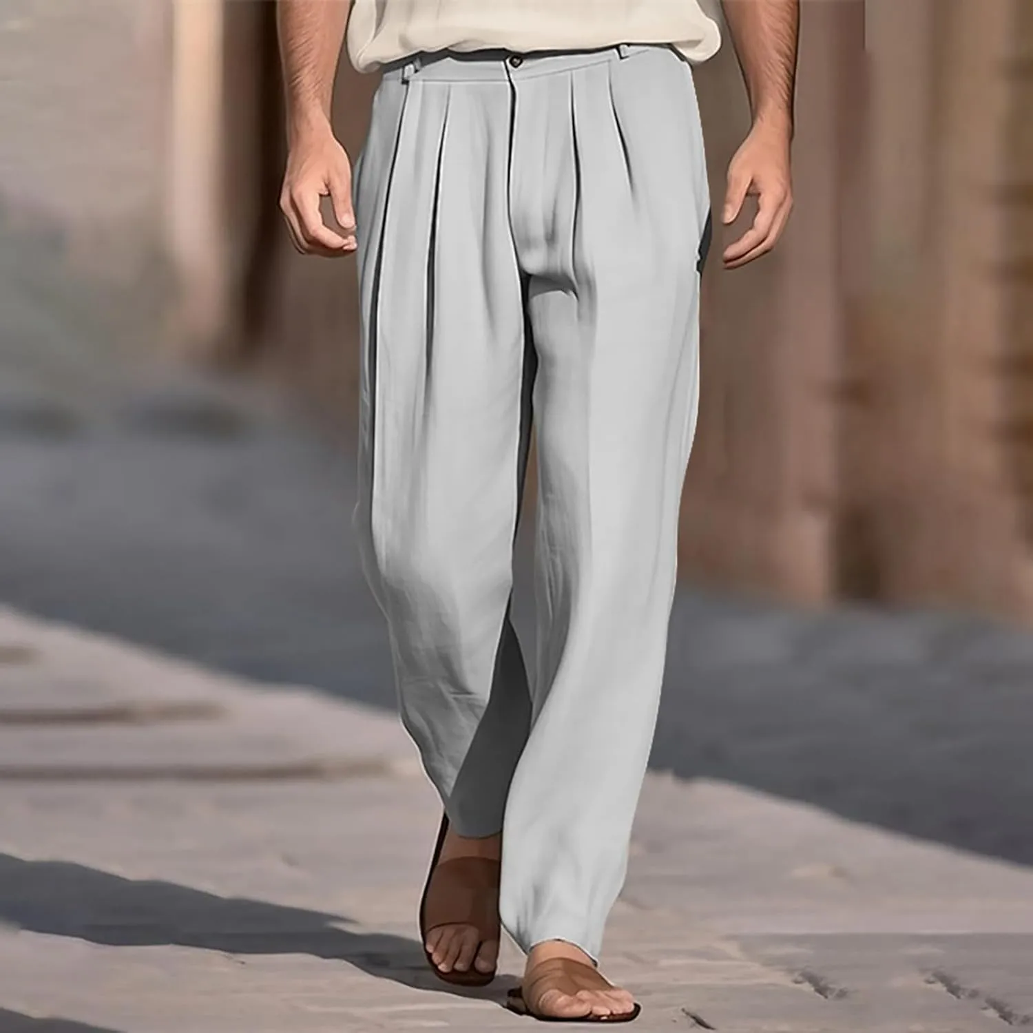 Mens Cotton Linen Dress Pants Zipper Loose Fit Straight Wide Leg Trouser Summer Lightweight Breathable Beach Pants