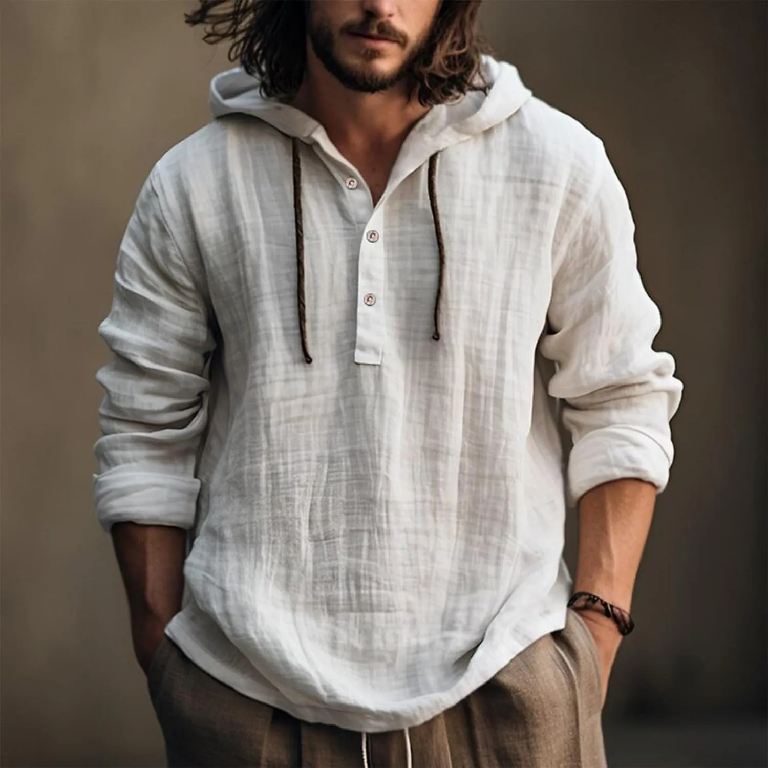 Mens Cotton Linen Hoodie,Long Sleeve Lightweight Breathable Hooded Button Down Shirt Spring Fall Casual Top