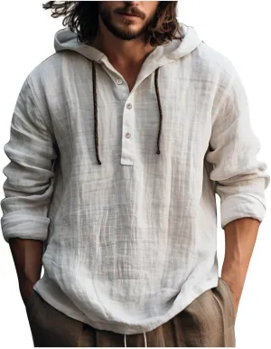 Mens Cotton Linen Hoodie,Long Sleeve Lightweight Breathable Hooded Button Down Shirt Spring Fall Casual Top