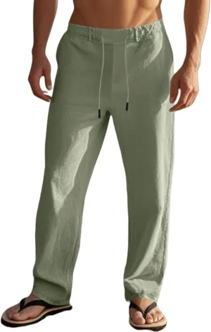 Mens Cotton Linen Pants Elastic Drawstring Waist Straight Leg Casual Loose Fit Solid Long Pants Summer Beach Trousers