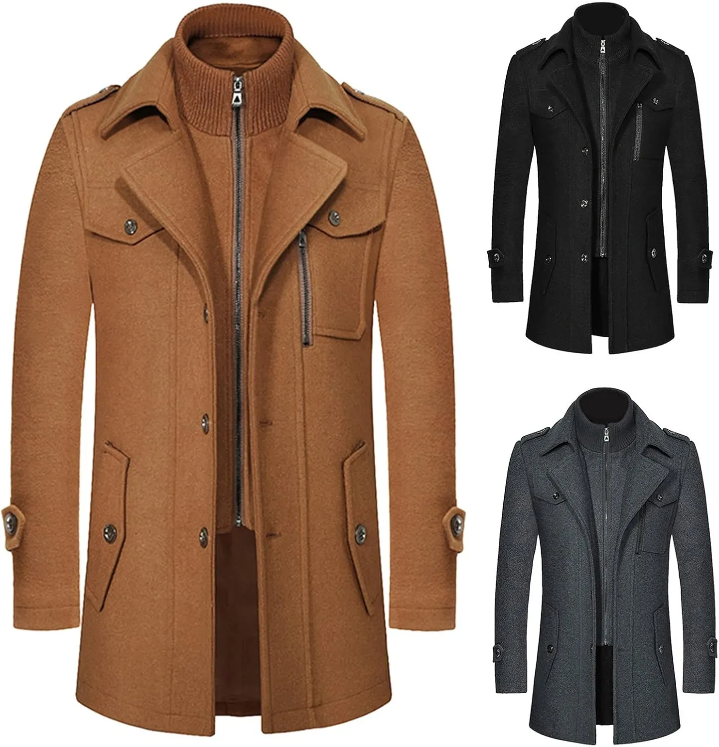 Men's Double Breasted Trench Coat Winter Warm Solid Color Pockets Hooded Coat Men'S Men's Double Breasted Trench