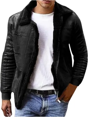 Men's Faux Leather Bomber Jacket Fur Collar Aviator Coat Thermal Lined for Winter