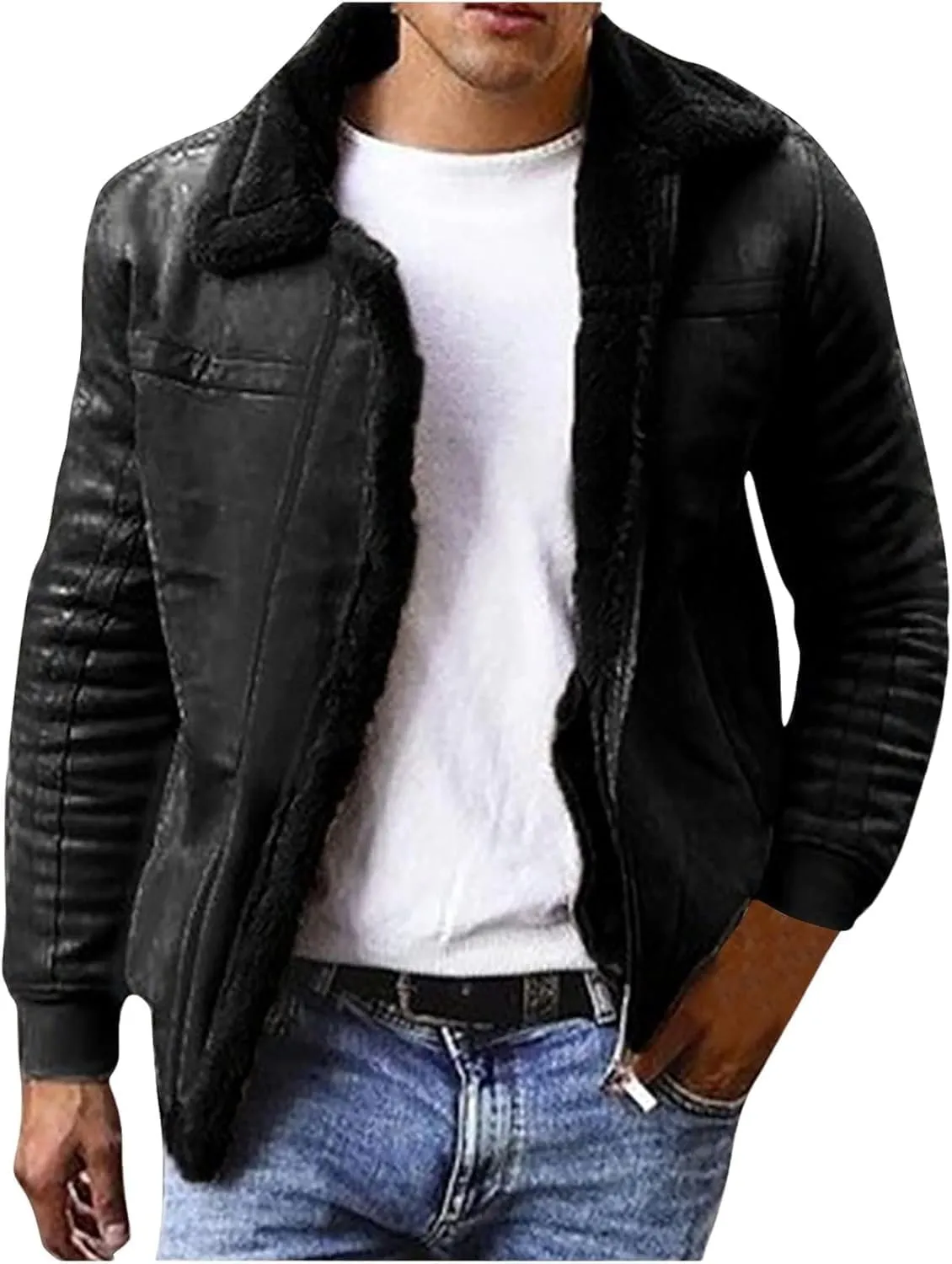 Men's Faux Leather Bomber Jacket Fur Collar Aviator Coat Thermal Lined for Winter