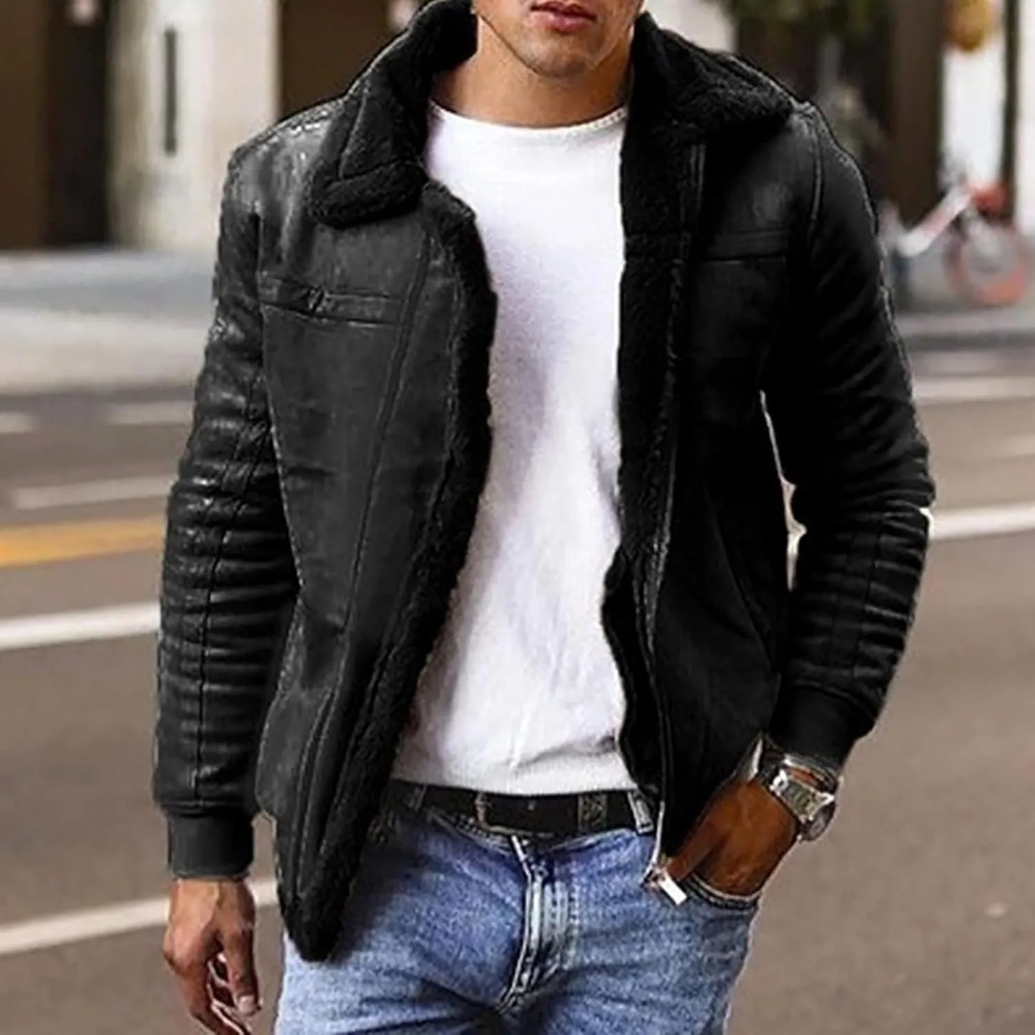 Men's Faux Leather Bomber Jacket Fur Collar Aviator Coat Thermal Lined for Winter