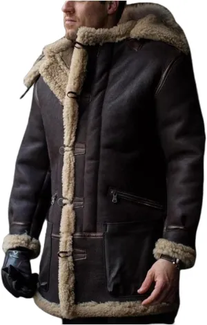 Mens Faux Suede Mid Length Overcoat Thick Fluffy Jacket Sherpa Lined Fleece Sheepskin Pea Coat Trench Coat with Pockets