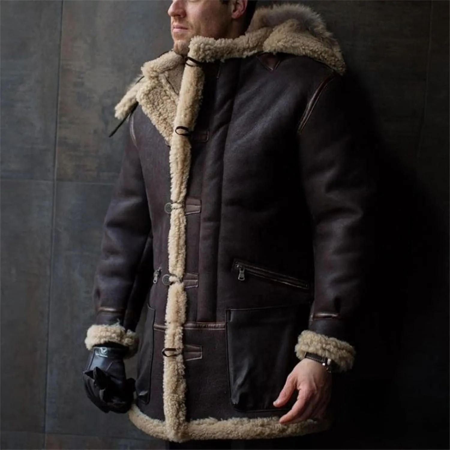 Mens Faux Suede Mid Length Overcoat Thick Fluffy Jacket Sherpa Lined Fleece Sheepskin Pea Coat Trench Coat with Pockets