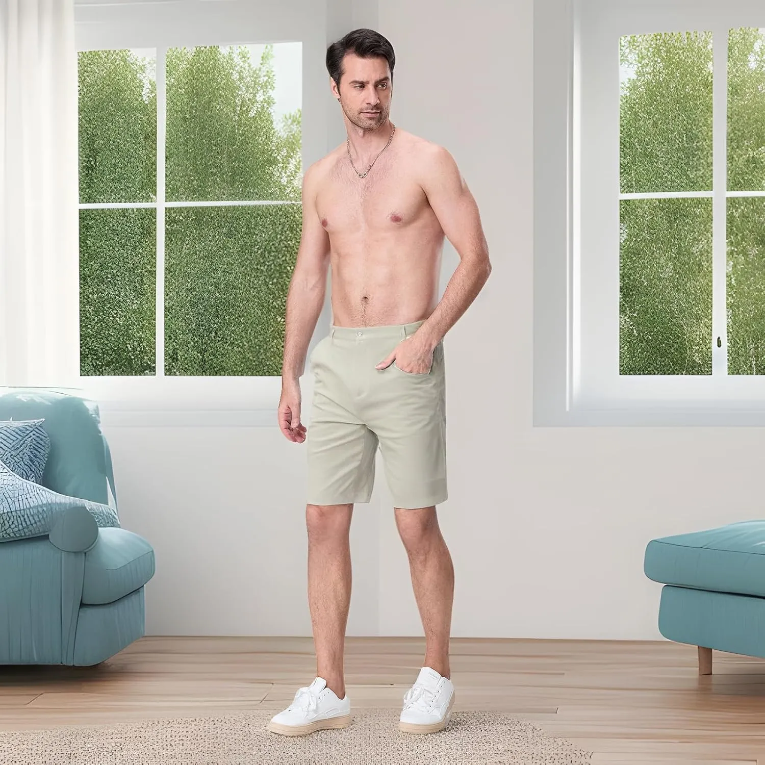 Mens Linen Shorts Solid Straight Leg Knee Length Short Trousers with Pocket Summer Casual Bottoms