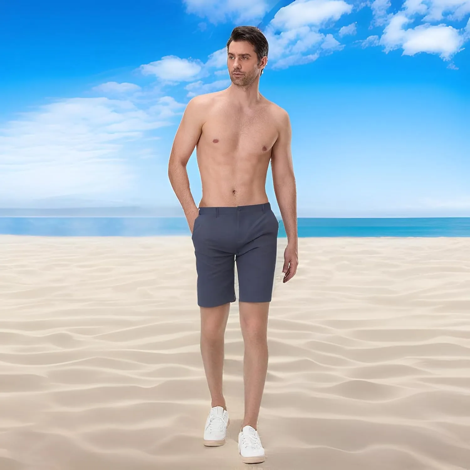 Mens Linen Shorts Solid Straight Leg Knee Length Short Trousers with Pocket Summer Casual Bottoms