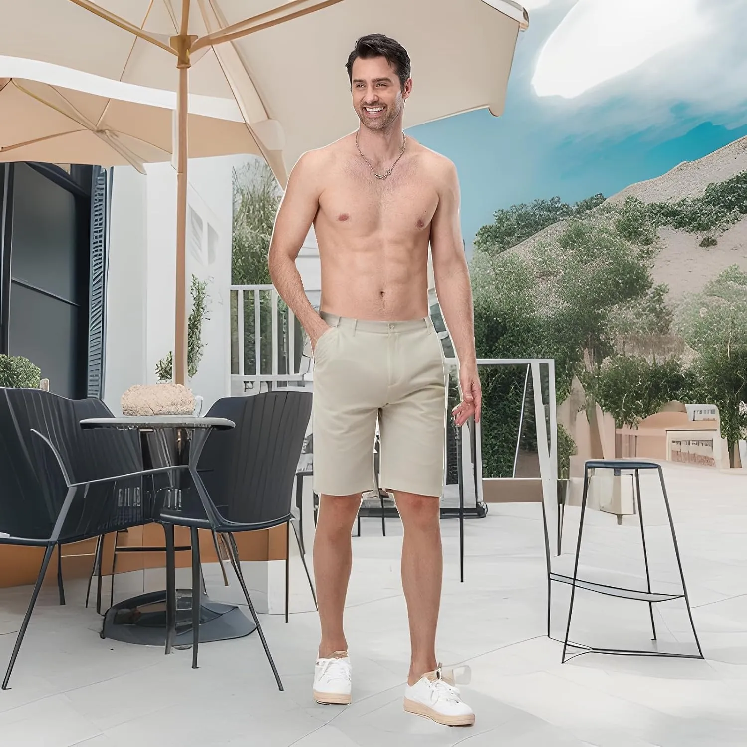 Mens Linen Shorts Solid Straight Leg Knee Length Short Trousers with Pocket Summer Casual Bottoms