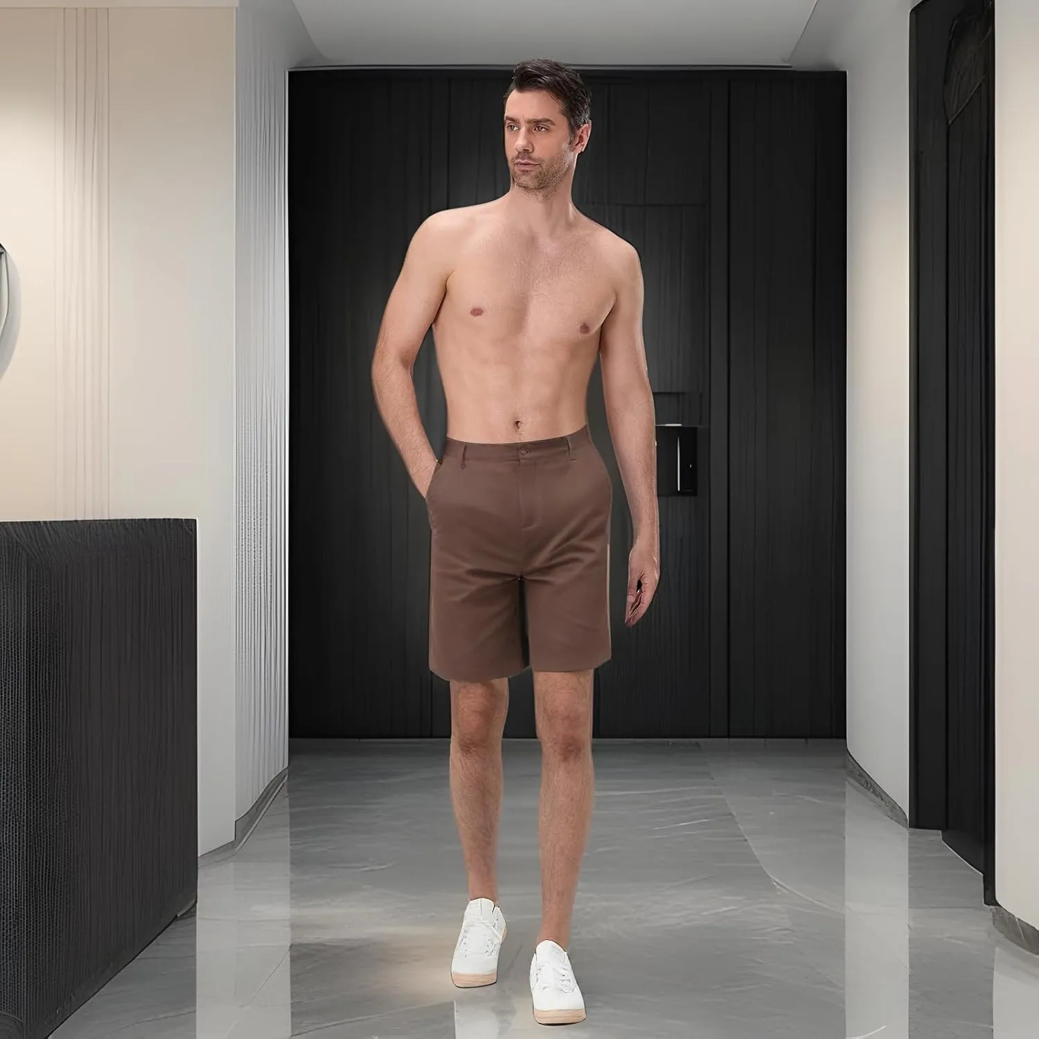Mens Linen Shorts Solid Straight Leg Knee Length Short Trousers with Pocket Summer Casual Bottoms
