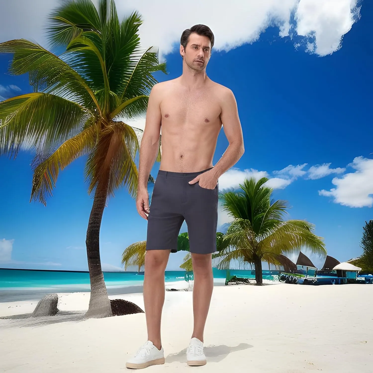 Mens Linen Shorts Solid Straight Leg Knee Length Short Trousers with Pocket Summer Casual Bottoms