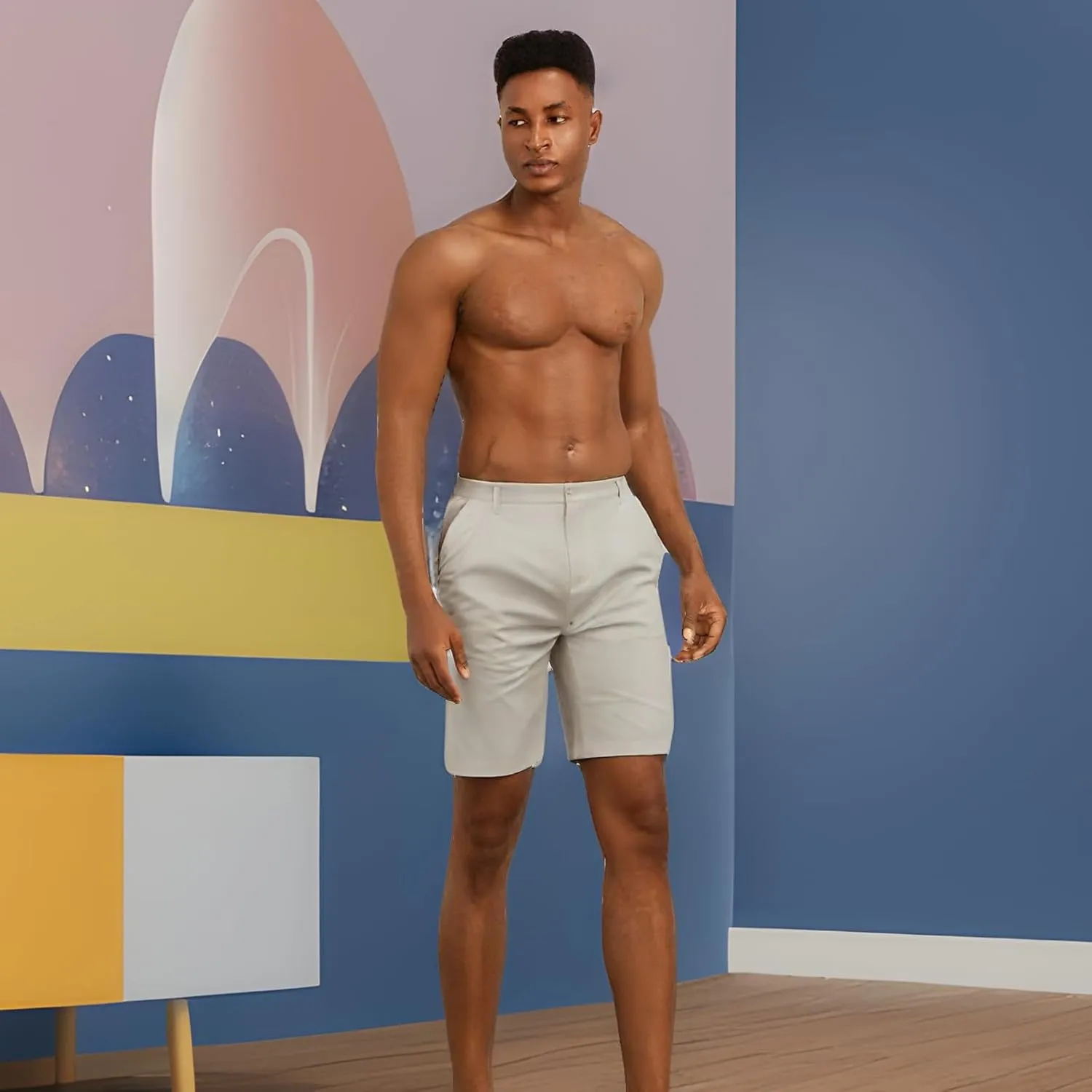 Mens Linen Shorts Solid Straight Leg Knee Length Short Trousers with Pocket Summer Casual Bottoms