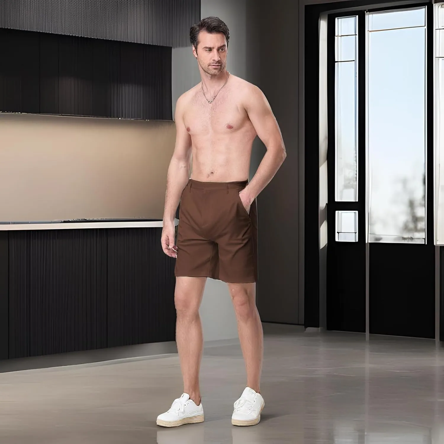 Mens Linen Shorts Solid Straight Leg Knee Length Short Trousers with Pocket Summer Casual Bottoms