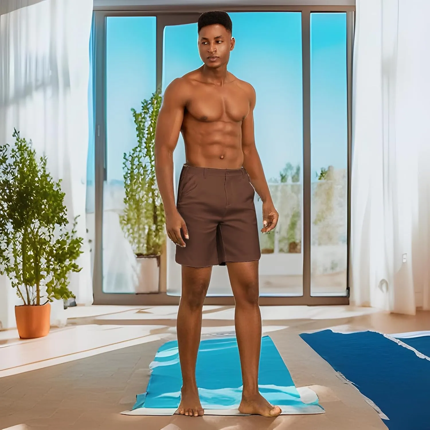 Mens Linen Shorts Solid Straight Leg Knee Length Short Trousers with Pocket Summer Casual Bottoms