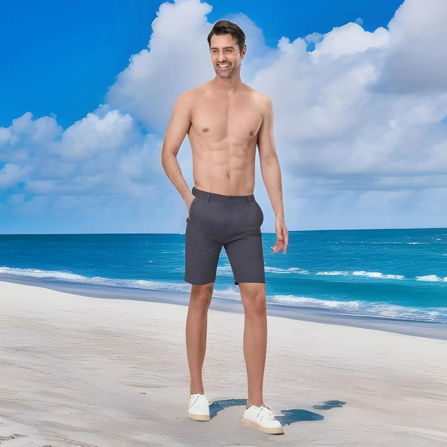 Mens Linen Shorts Solid Straight Leg Knee Length Short Trousers with Pocket Summer Casual Bottoms