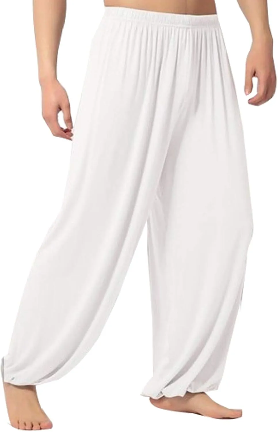 Mens Loose Yoga Pants Lounge Pajama Bottoms Modal Sport Dance Harem Pants White XXL