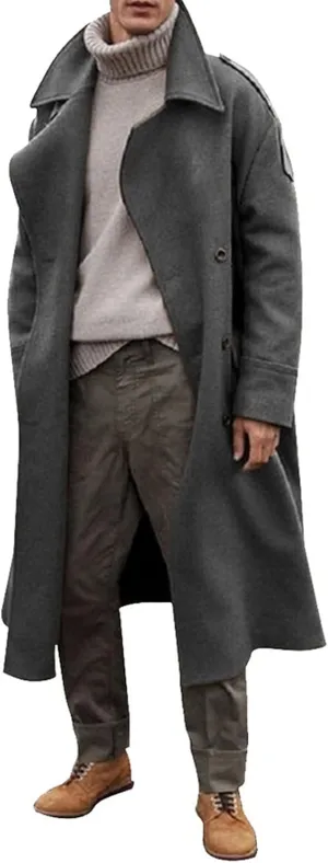 Men's Oversized Notched Long Faux Wool Blend Trench Coat Single Breasted Knee Length Lapel Winter Jackets