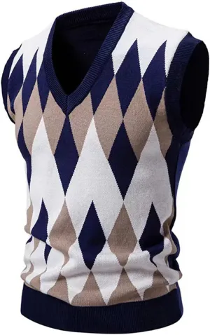 Men's Pullover Sweater Vest Sleeveless V-Neck Slim Fit Color Blocks Argyle Sweaters Vests Winter Warm Waistcoat