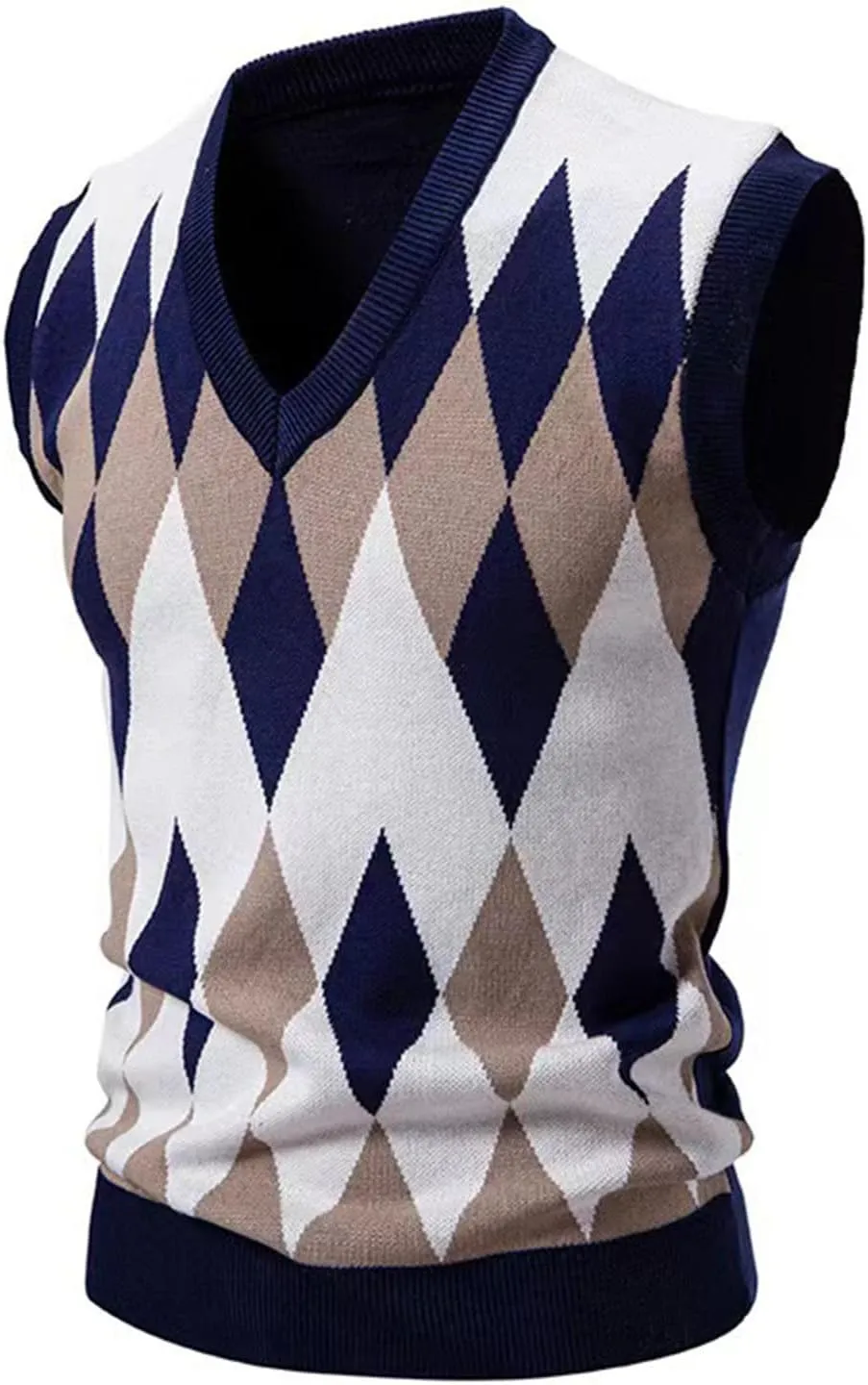 Men's Pullover Sweater Vest Sleeveless V-Neck Slim Fit Color Blocks Argyle Sweaters Vests Winter Warm Waistcoat