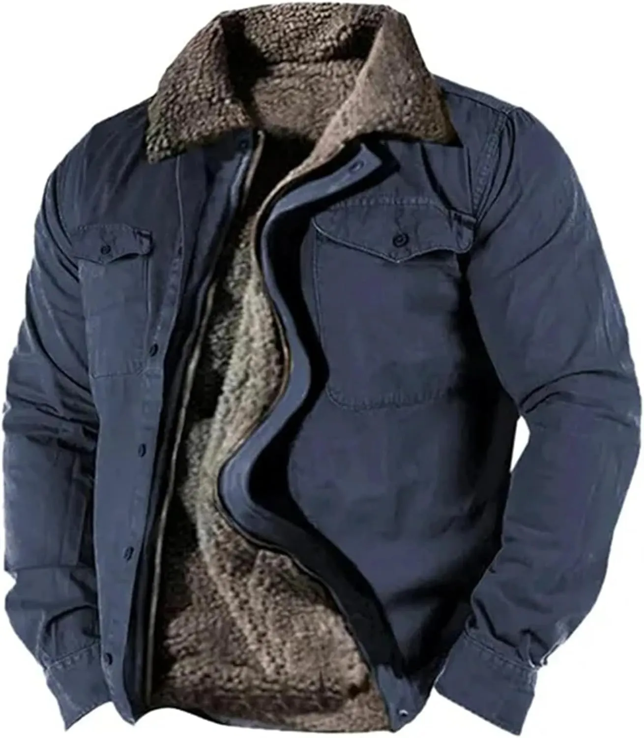 Mens Sherpa Jacket Fleece Line Western Plaid Flannel Zip Up Thickened Thermal Construction for Seeking Heavyweight