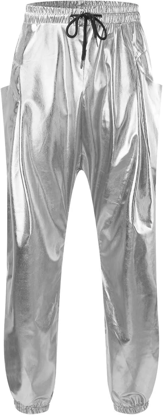 Men's Shiny Faux Leather Pants Drawstring Straight Leg Trousers Metallic Gold Disco Nightclub Pants with Pockets