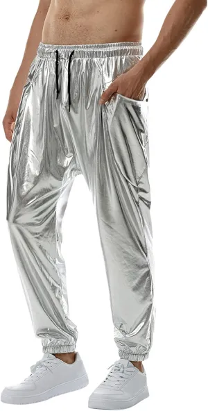 Men's Shiny Faux Leather Pants Drawstring Straight Leg Trousers Metallic Gold Disco Nightclub Pants with Pockets
